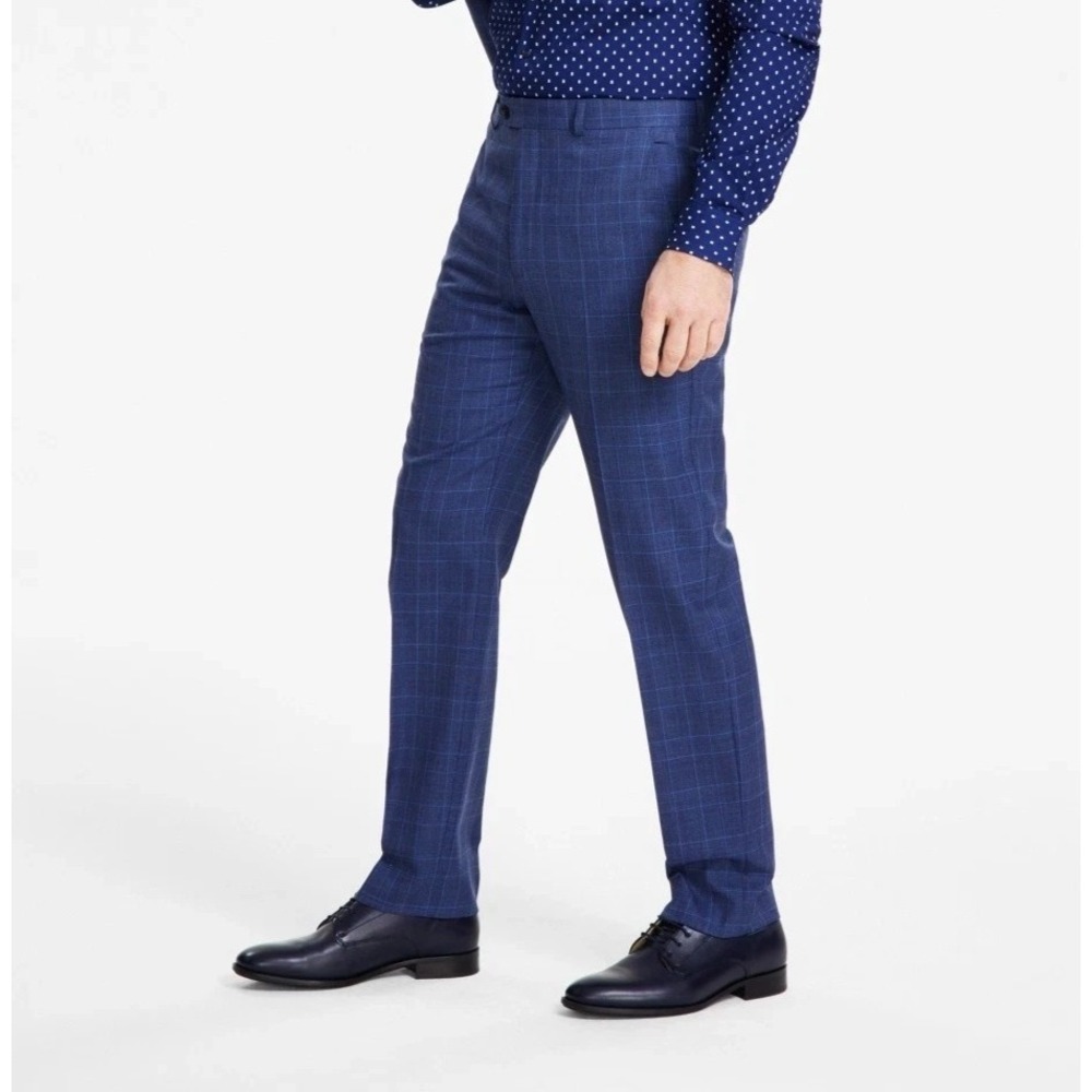 Michael Kors Men Classic‎ fit Dress Pants Blue Plaid Wool Stretch 32W 30L